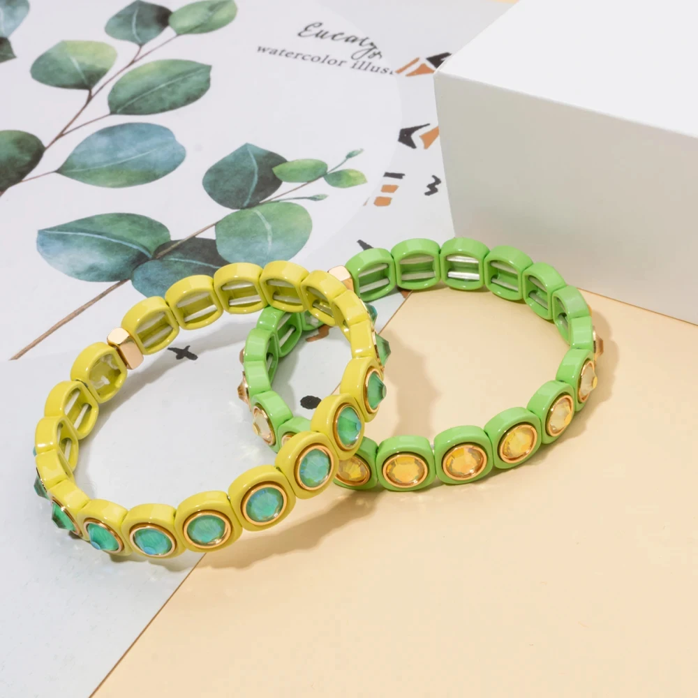 2024 Rainbow 9mm Rhinestone Women Bangle Enamel Colorful Crystal Beads Elastic Bracelet Boho Jewelry Accessories