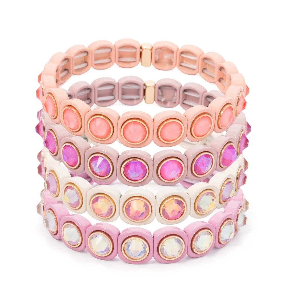 2024 Rainbow 9mm Rhinestone Women Bangle Enamel Colorful Crystal Beads Elastic Bracelet Boho Jewelry Accessories