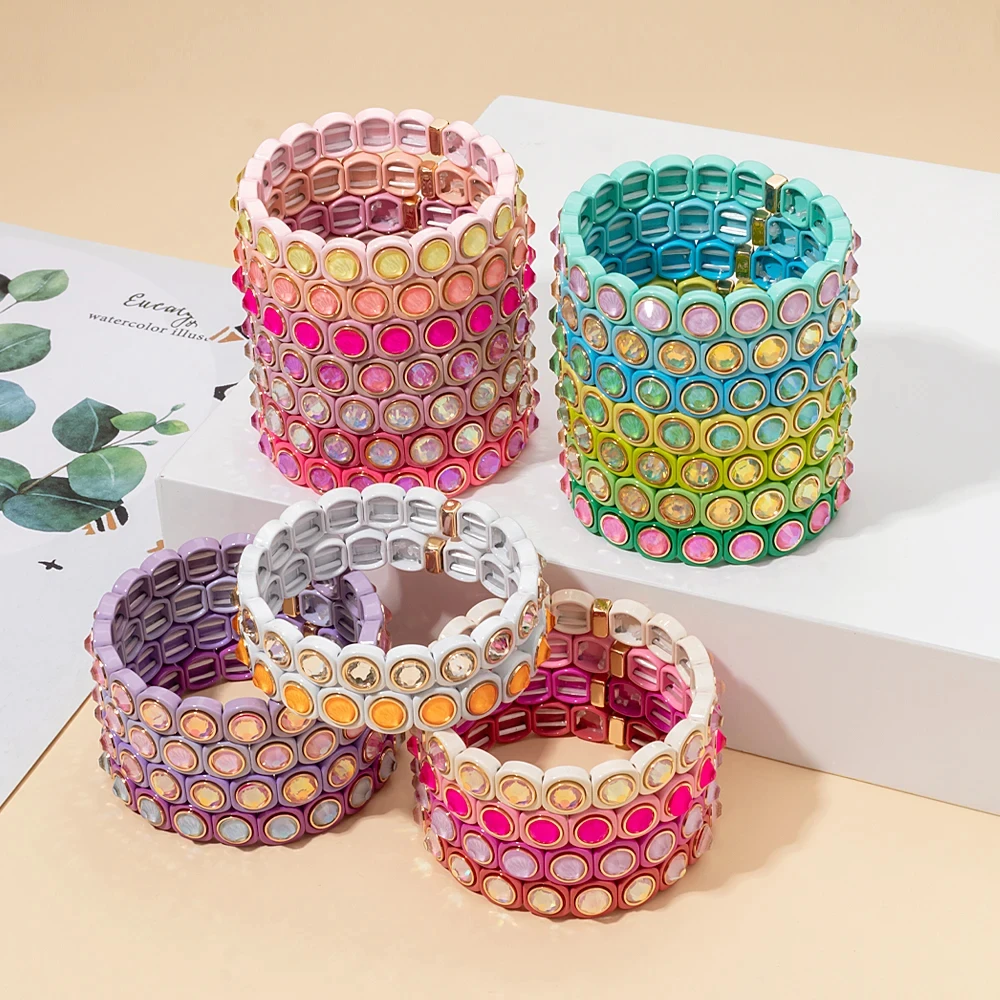 2024 Rainbow 9mm Rhinestone Women Bangle Enamel Colorful Crystal Beads Elastic Bracelet Boho Jewelry Accessories