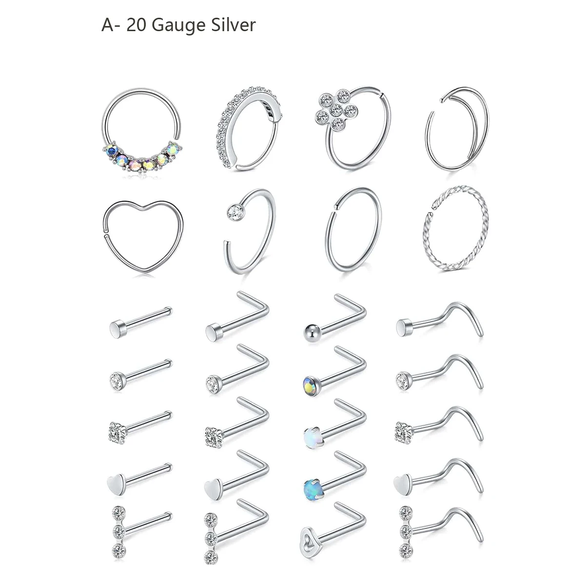 28Pcs/Set 20g Stainless Steel Nose Rings Hoop L Shape Nose Studs Nose Screw Bone  Rainbow Pack For Women Men
