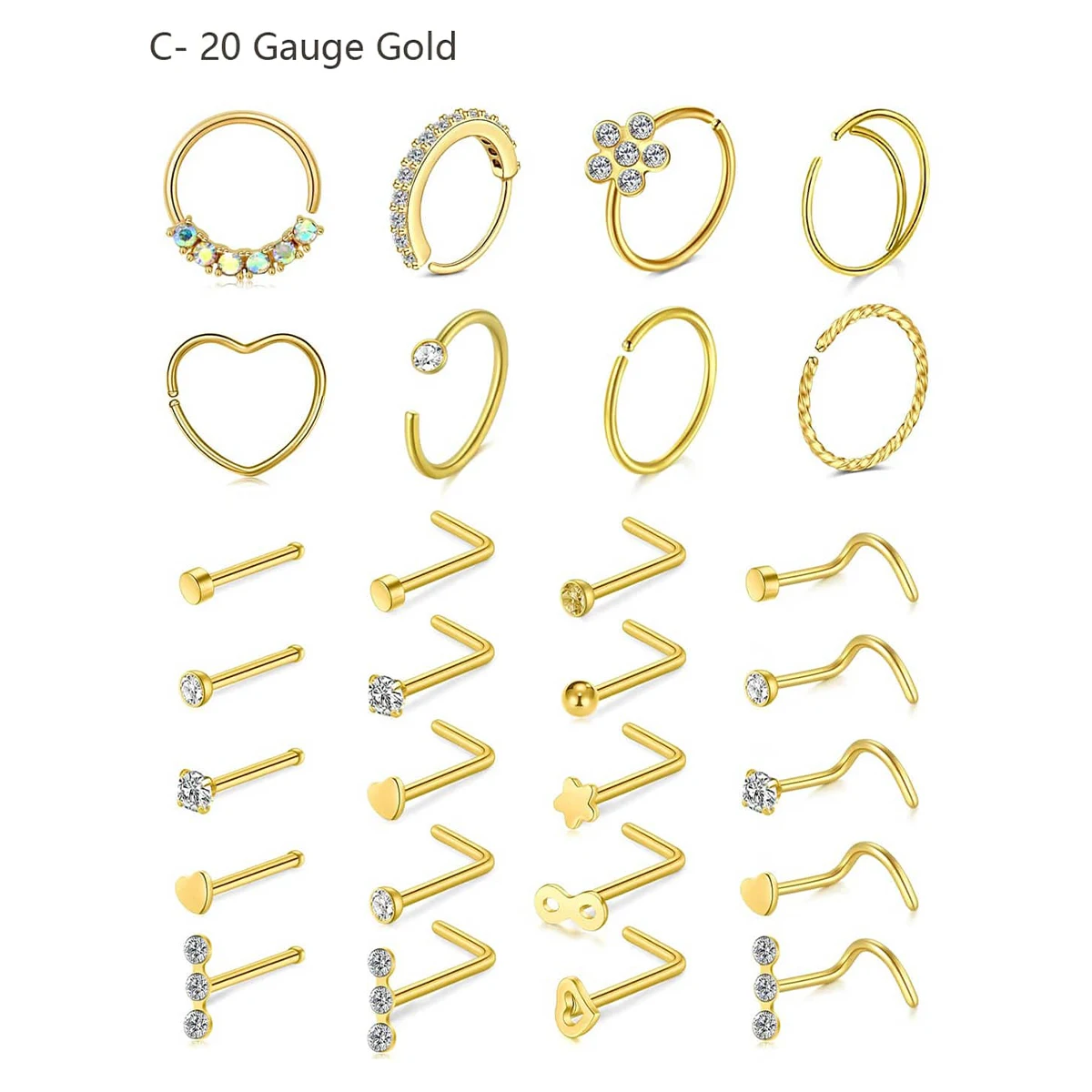 28Pcs/Set 20g Stainless Steel Nose Rings Hoop L Shape Nose Studs Nose Screw Bone  Rainbow Pack For Women Men