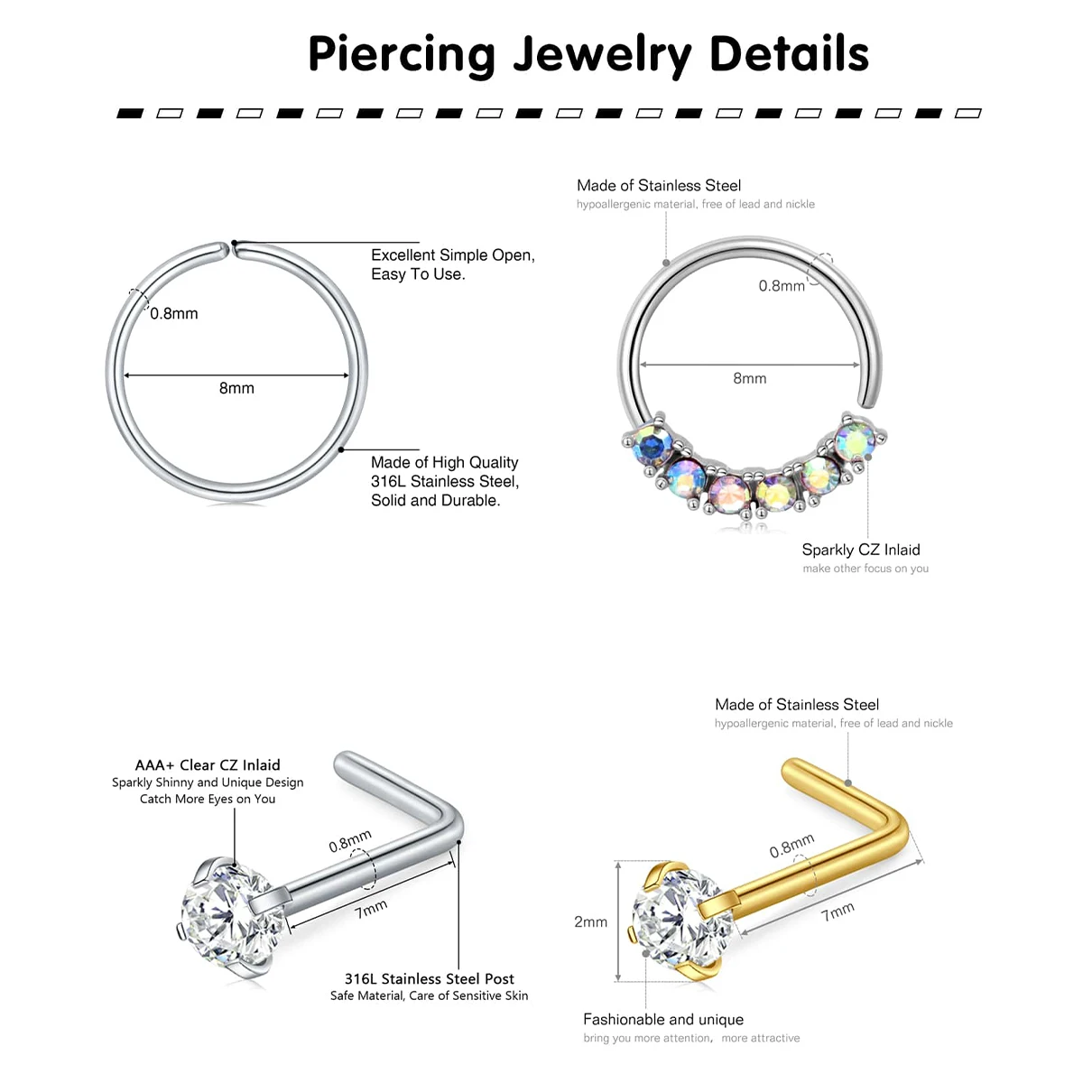 28Pcs/Set 20g Stainless Steel Nose Rings Hoop L Shape Nose Studs Nose Screw Bone  Rainbow Pack For Women Men