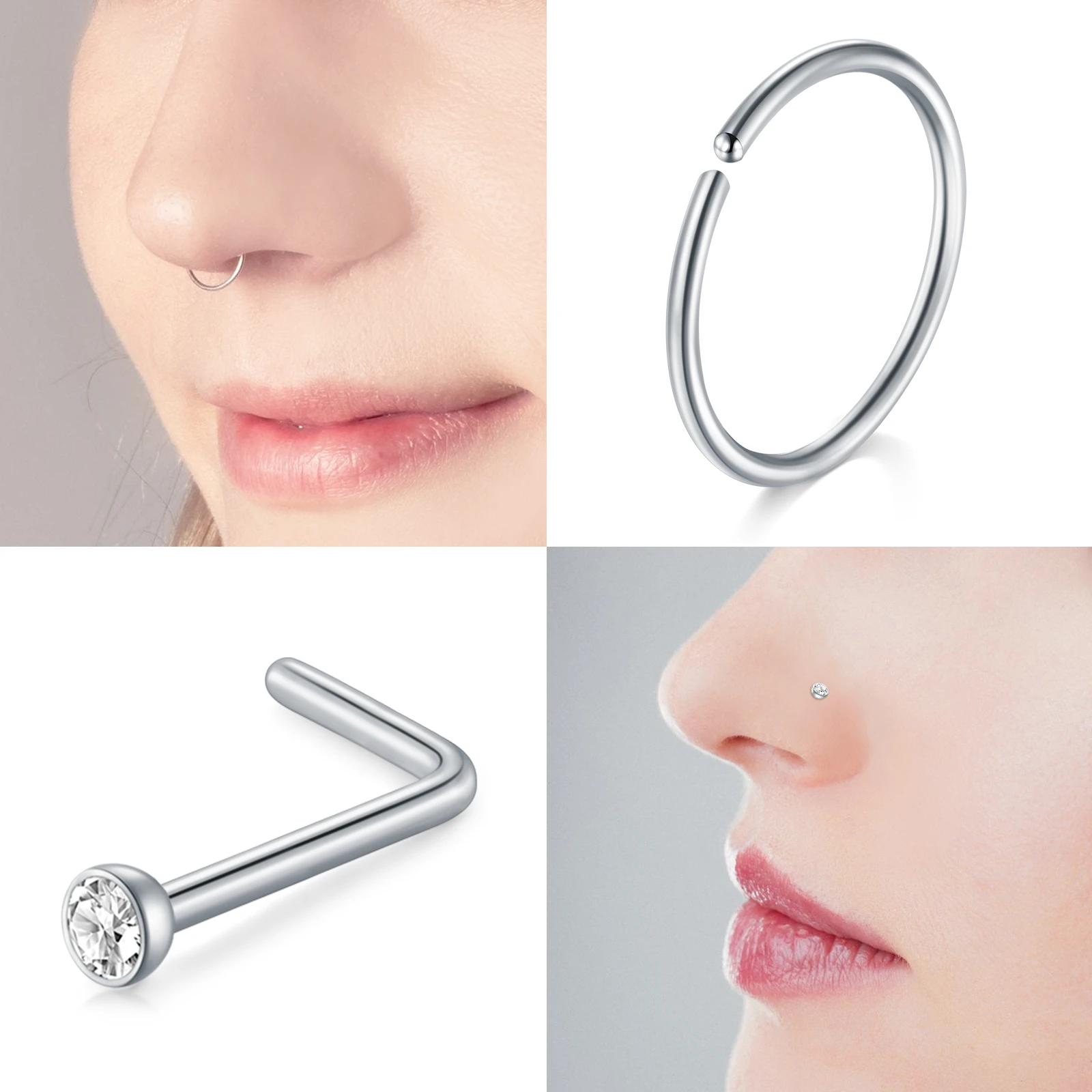 28Pcs/Set 20g Stainless Steel Nose Rings Hoop L Shape Nose Studs Nose Screw Bone  Rainbow Pack For Women Men