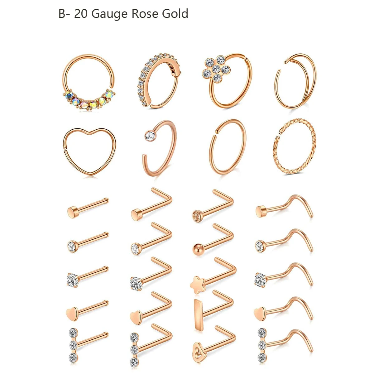 28Pcs/Set 20g Stainless Steel Nose Rings Hoop L Shape Nose Studs Nose Screw Bone  Rainbow Pack For Women Men
