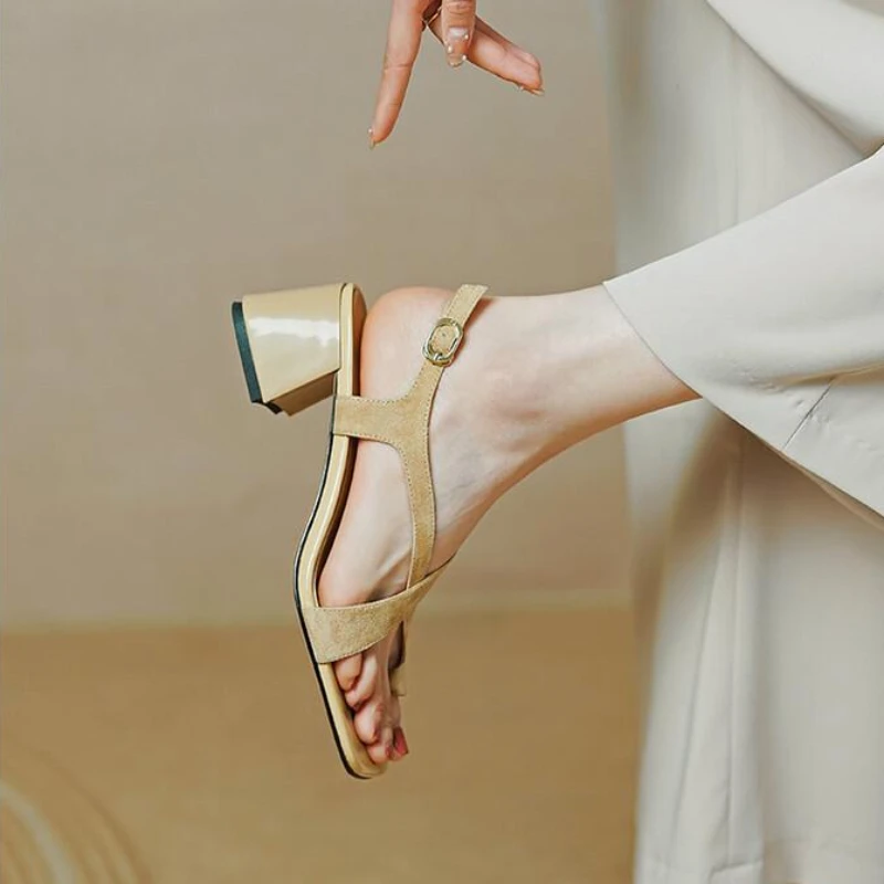 Summer New Casual Fashion Square Toe Thick Heel Open Toe Buckle Solid Color Comfortable Sexy Banquet Women's Shoes