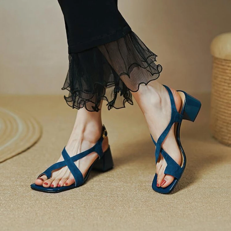 Summer New Casual Fashion Square Toe Thick Heel Open Toe Buckle Solid Color Comfortable Sexy Banquet Women's Shoes