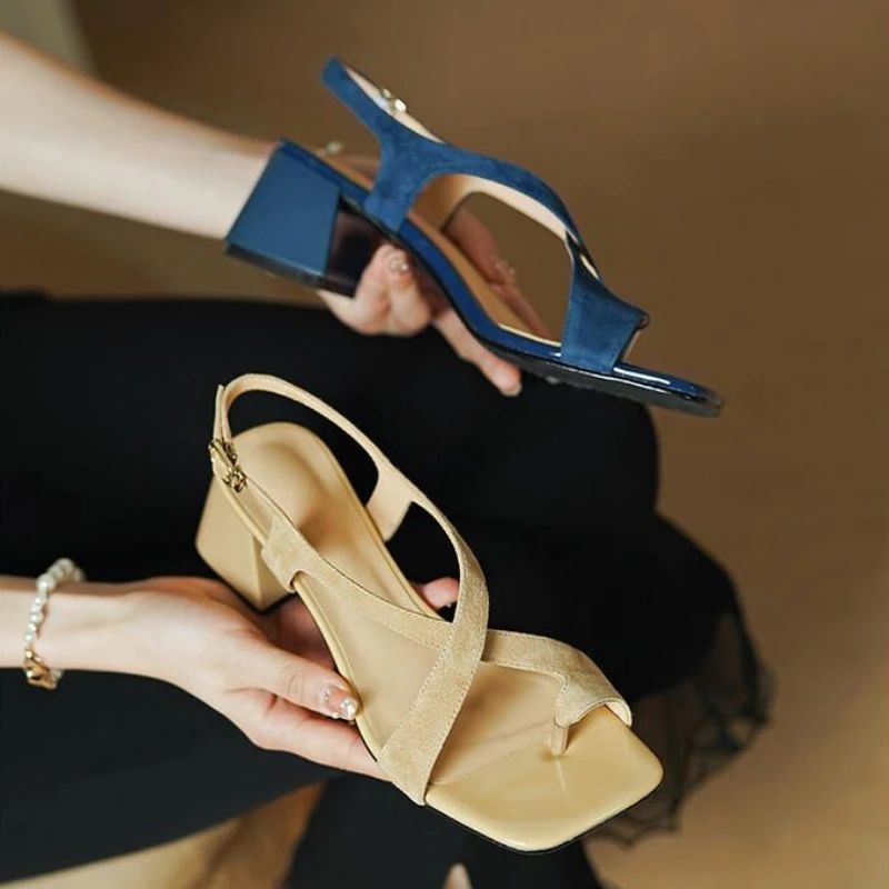 Summer New Casual Fashion Square Toe Thick Heel Open Toe Buckle Solid Color Comfortable Sexy Banquet Women's Shoes