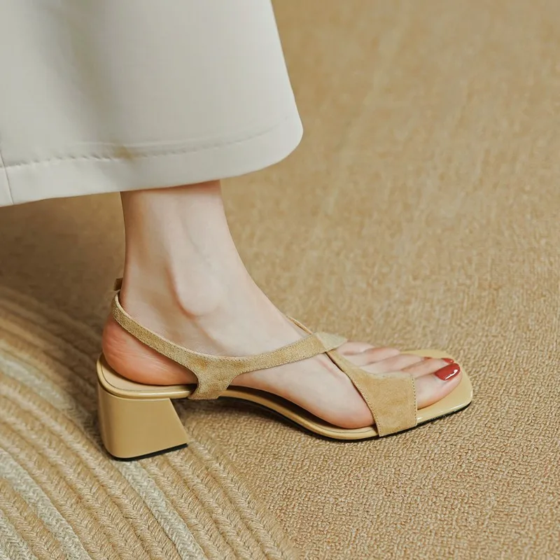 Summer New Casual Fashion Square Toe Thick Heel Open Toe Buckle Solid Color Comfortable Sexy Banquet Women's Shoes