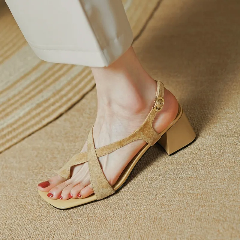 Summer New Casual Fashion Square Toe Thick Heel Open Toe Buckle Solid Color Comfortable Sexy Banquet Women's Shoes