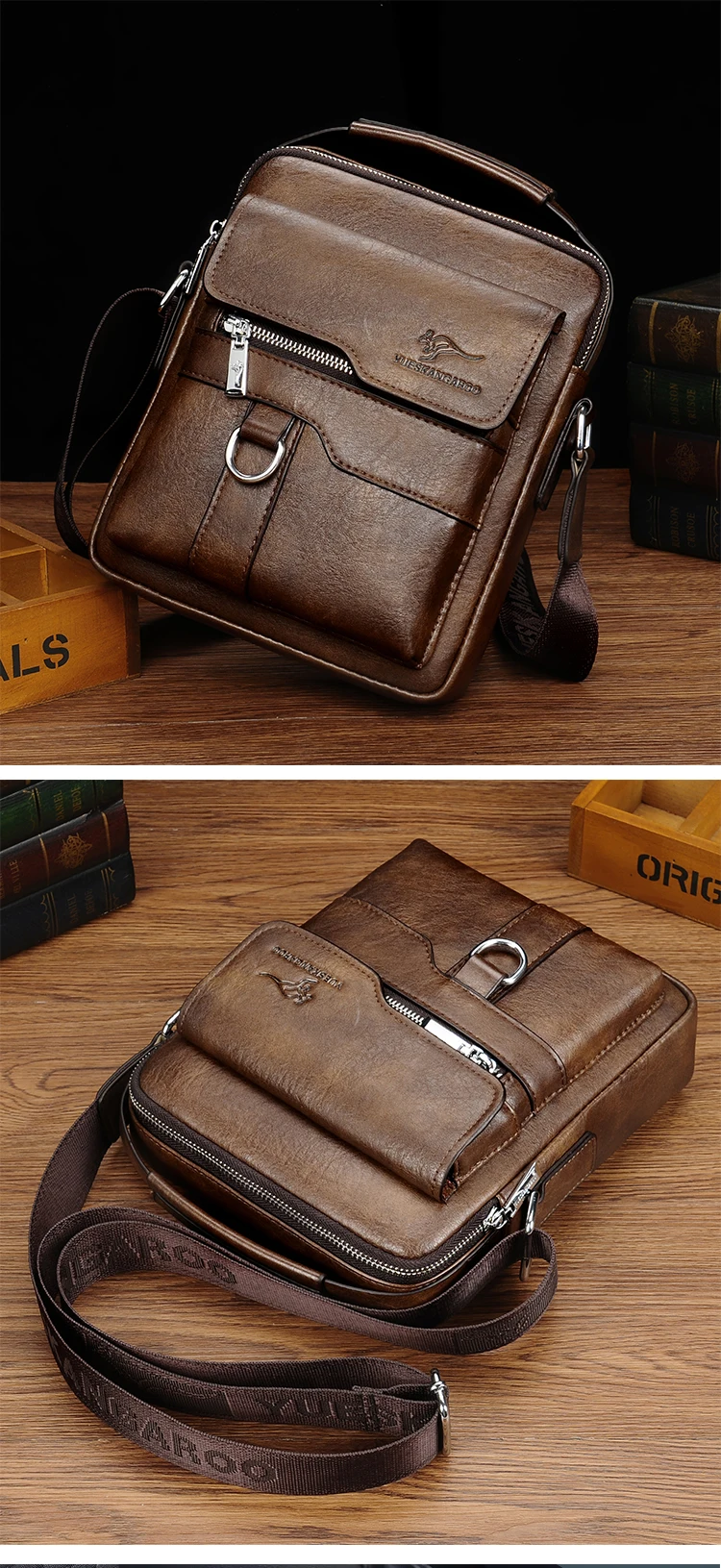 Kangaroo Luxury Brand Vintage Man Bags Leather Shoulder Bag For Men Business Messenger Crossbody Bag Male Fashion Casual Handbag