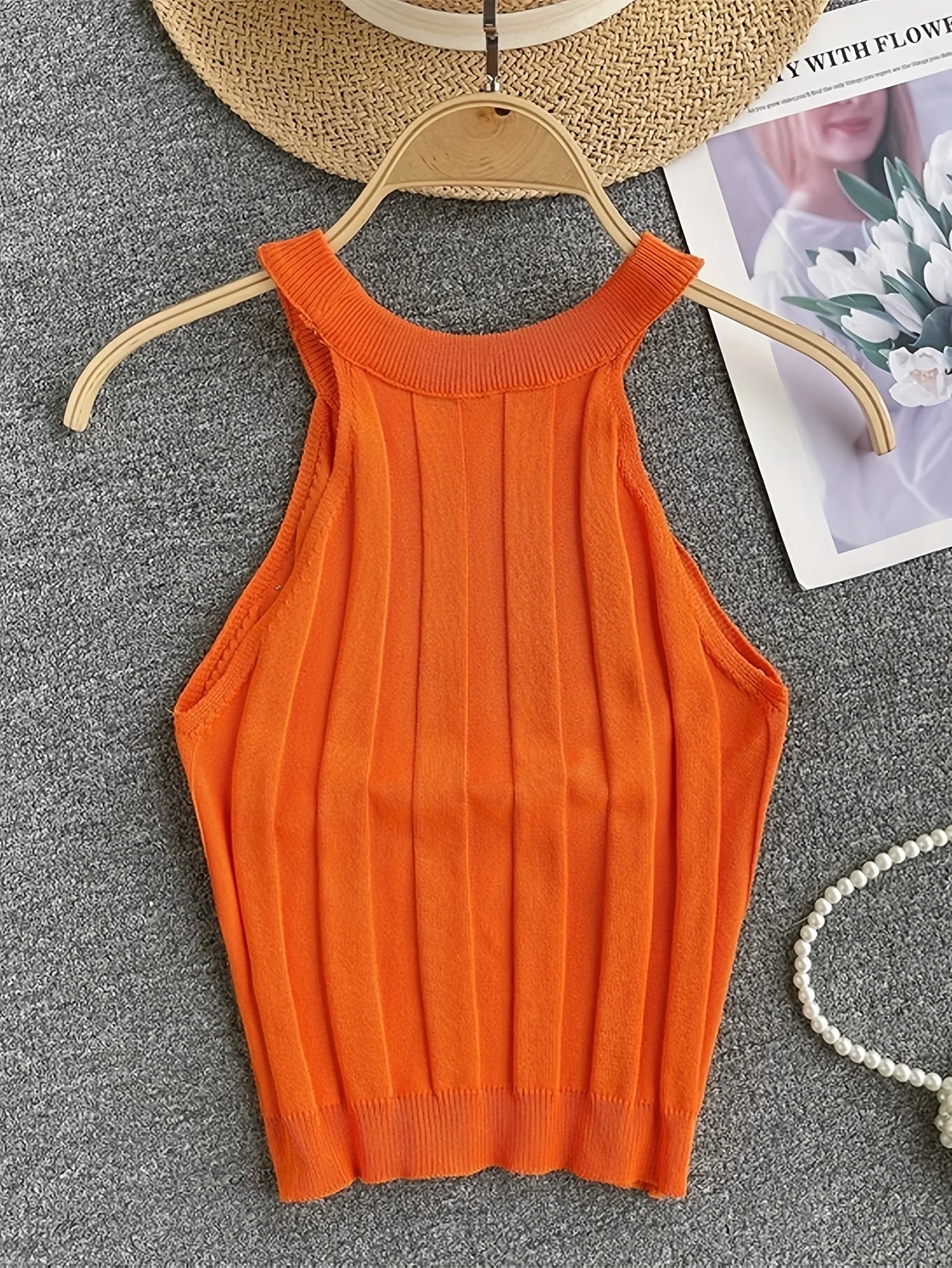2024 Solid Color Crew Neck Tank Top Vacation Beaded Decor Sleeveless Tank Top For Summer Women's Clothing Crop Top