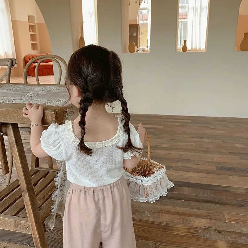 Sweet Lace Shirt for Girls Clothes Summer Thin Breathable Cotton Kids Shirt Toddler Mesh Blouse Children t Shirt Teenager Tops