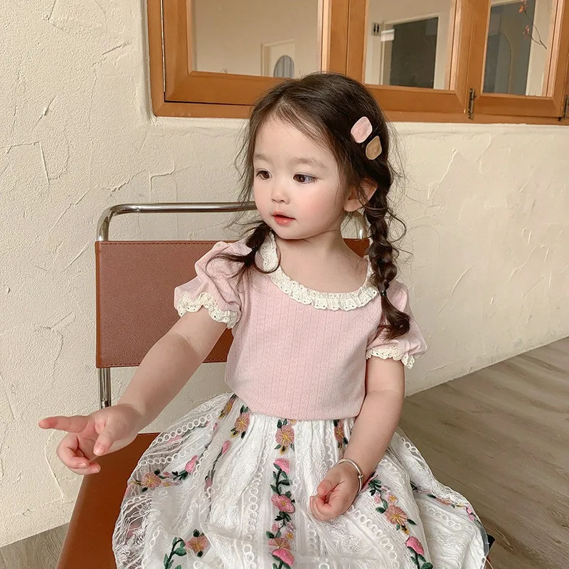 Sweet Lace Shirt for Girls Clothes Summer Thin Breathable Cotton Kids Shirt Toddler Mesh Blouse Children t Shirt Teenager Tops