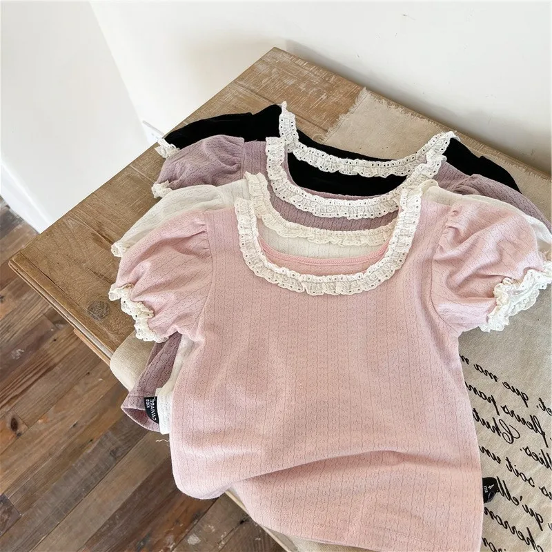 Sweet Lace Shirt for Girls Clothes Summer Thin Breathable Cotton Kids Shirt Toddler Mesh Blouse Children t Shirt Teenager Tops
