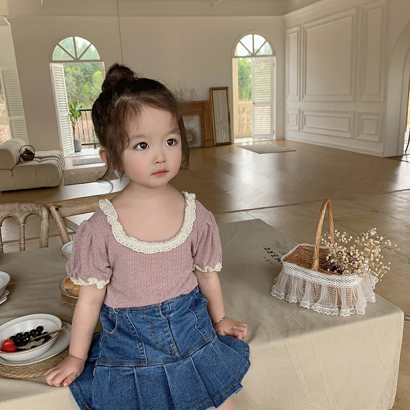 Sweet Lace Shirt for Girls Clothes Summer Thin Breathable Cotton Kids Shirt Toddler Mesh Blouse Children t Shirt Teenager Tops