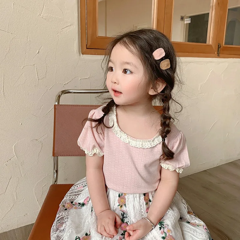 Sweet Lace Shirt for Girls Clothes Summer Thin Breathable Cotton Kids Shirt Toddler Mesh Blouse Children t Shirt Teenager Tops