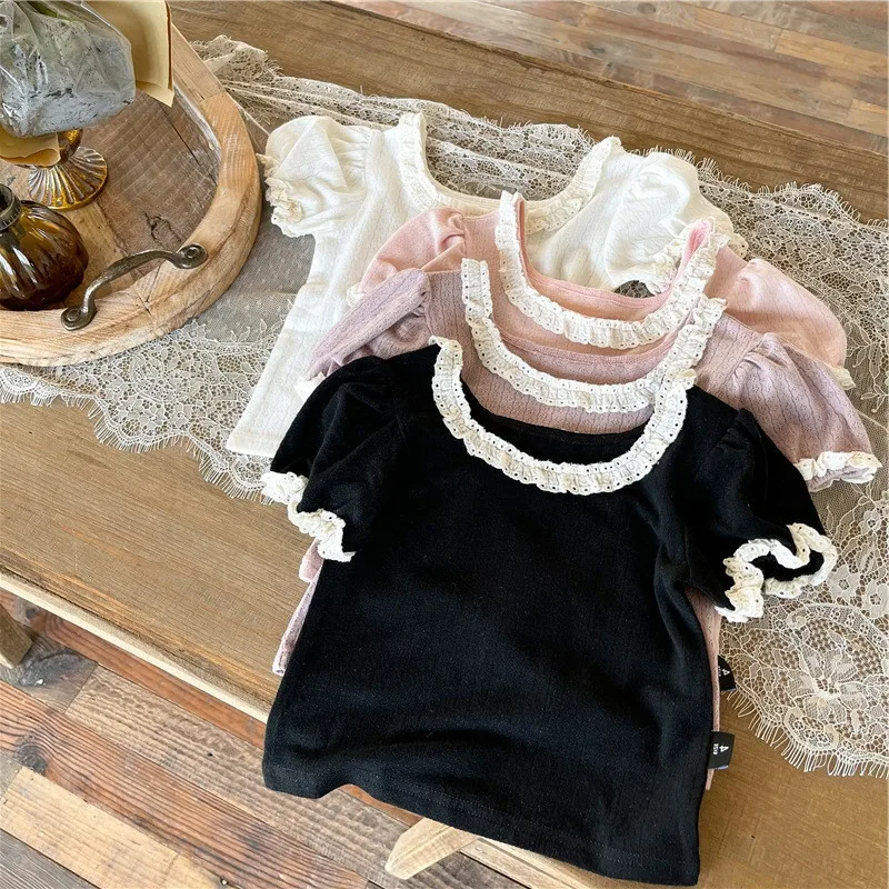 Sweet Lace Shirt for Girls Clothes Summer Thin Breathable Cotton Kids Shirt Toddler Mesh Blouse Children t Shirt Teenager Tops