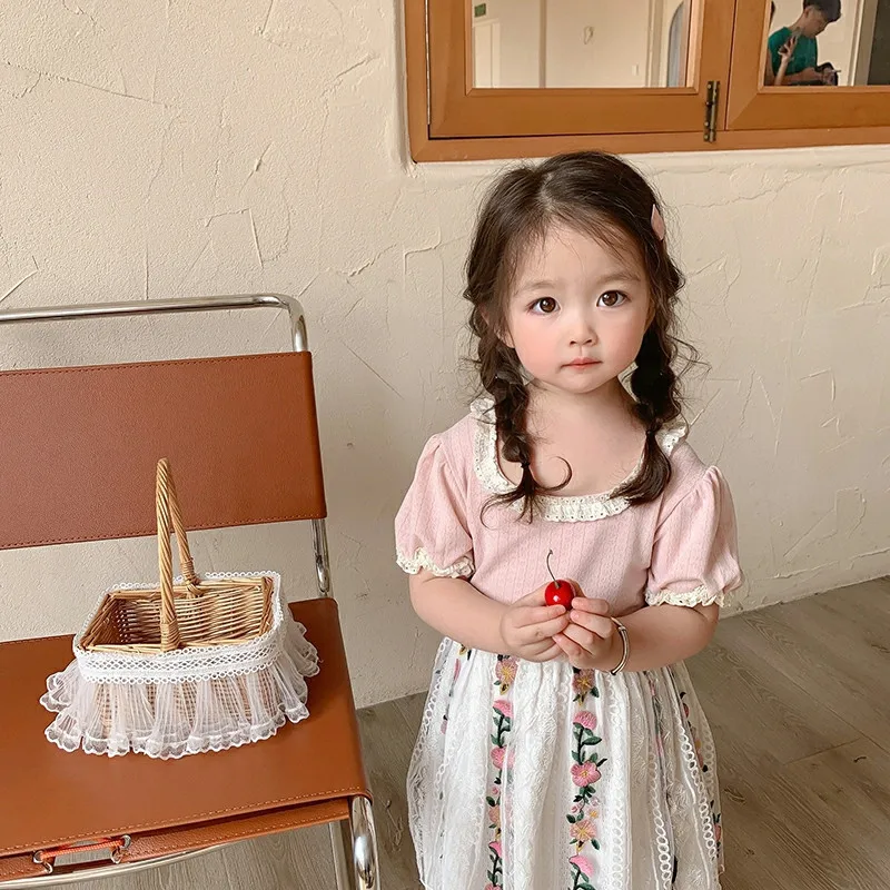 Sweet Lace Shirt for Girls Clothes Summer Thin Breathable Cotton Kids Shirt Toddler Mesh Blouse Children t Shirt Teenager Tops