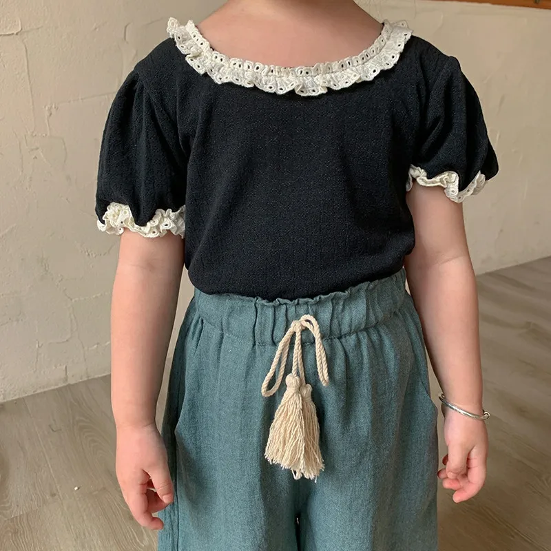 Sweet Lace Shirt for Girls Clothes Summer Thin Breathable Cotton Kids Shirt Toddler Mesh Blouse Children t Shirt Teenager Tops