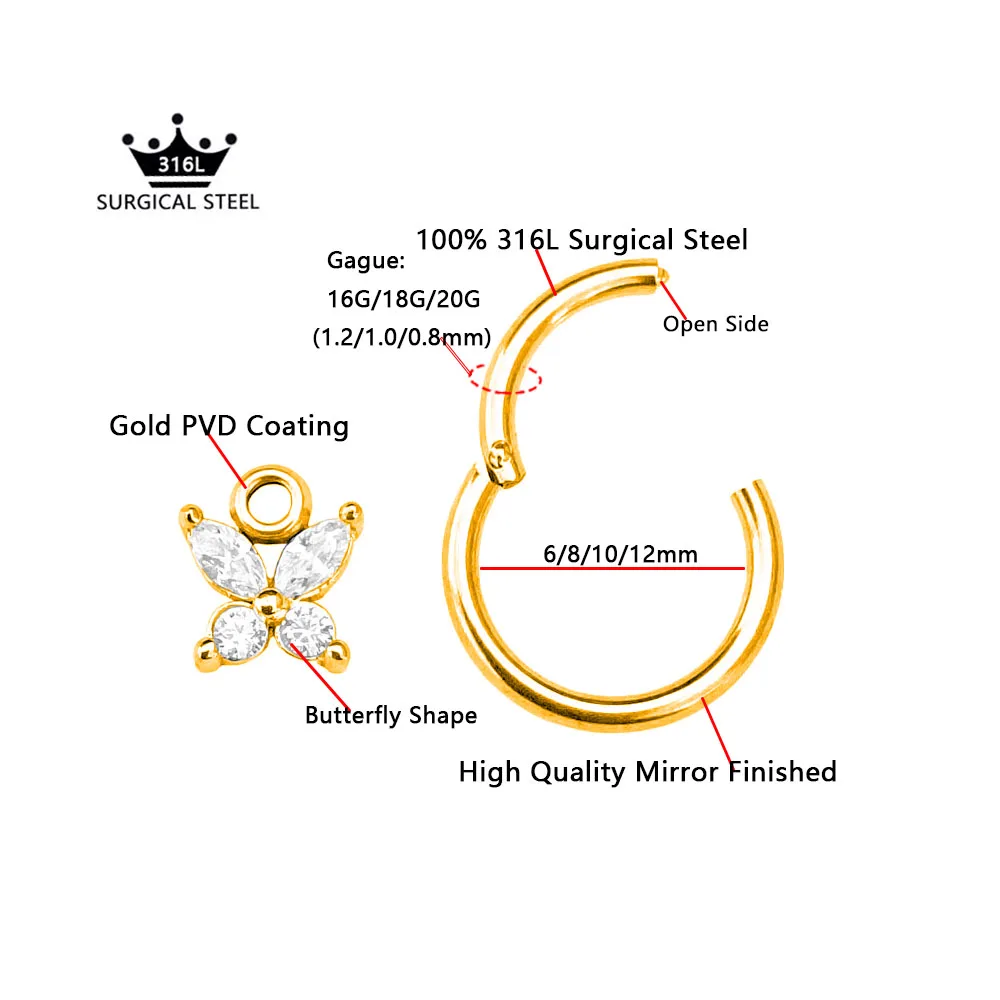 Butterfly Pendant Clicker Segment Rings Daith Conch Hoop Earrings CZ Drop Piercing Jewelry 316L Surgical Steel 16G 18G 20G