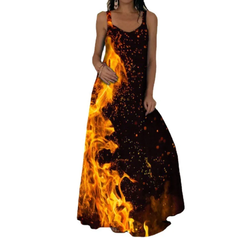 Women's Fashionable Flame Printed Sleeveless Dress  Summer Casual Printed Long Dress