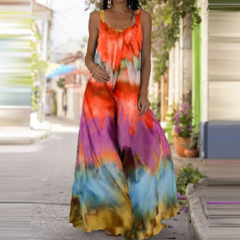 Women's Fashionable Flame Printed Sleeveless Dress  Summer Casual Printed Long Dress
