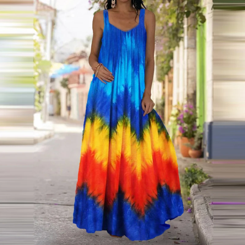 Women's Fashionable Flame Printed Sleeveless Dress  Summer Casual Printed Long Dress