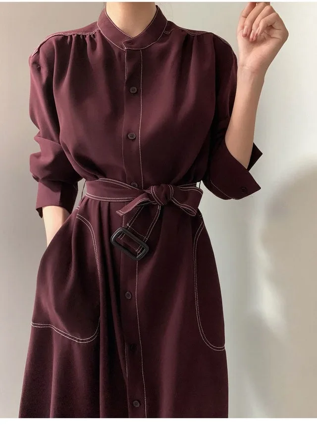 REALEFT Spring Autumn Single Breasted Women's Shirt Dresses Sashes 2024 New Stand Collar Korean Casual Straight Dress Female