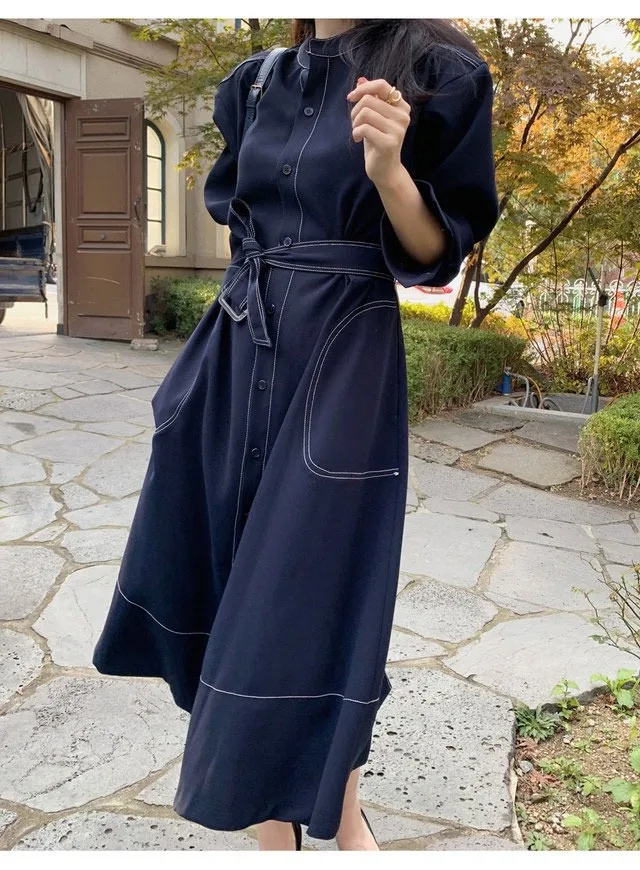 REALEFT Spring Autumn Single Breasted Women's Shirt Dresses Sashes 2024 New Stand Collar Korean Casual Straight Dress Female