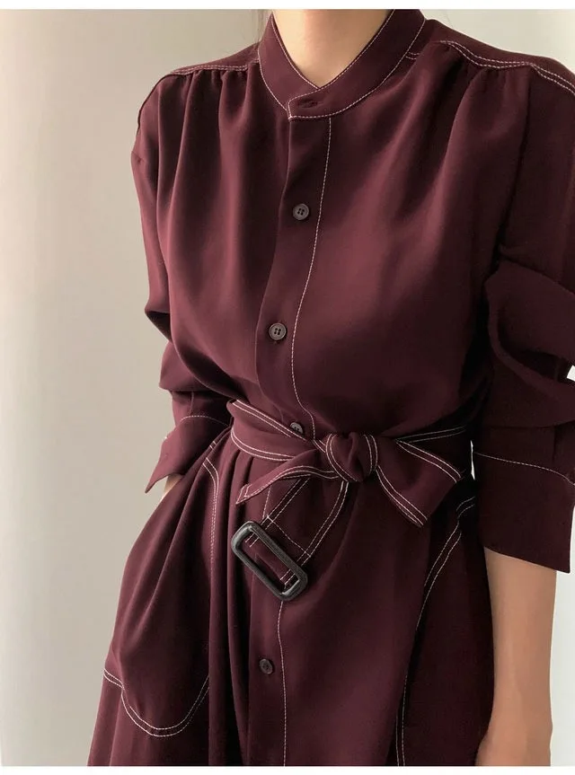 REALEFT Spring Autumn Single Breasted Women's Shirt Dresses Sashes 2024 New Stand Collar Korean Casual Straight Dress Female