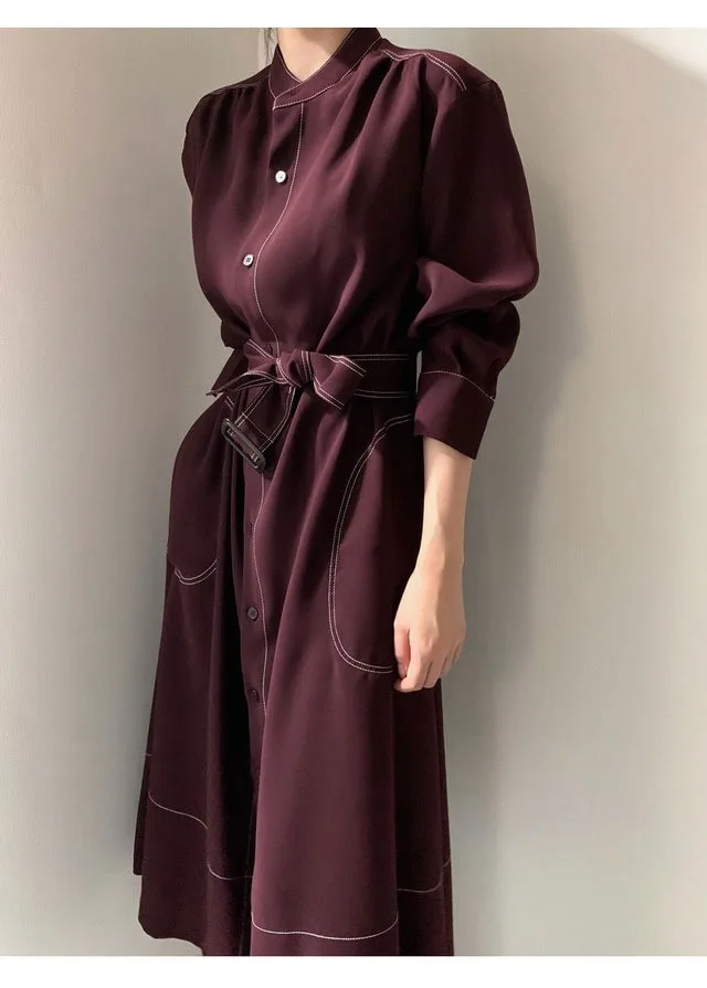REALEFT Spring Autumn Single Breasted Women's Shirt Dresses Sashes 2024 New Stand Collar Korean Casual Straight Dress Female