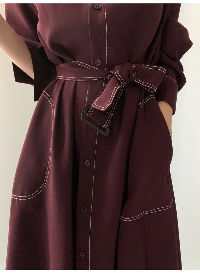 REALEFT Spring Autumn Single Breasted Women's Shirt Dresses Sashes 2024 New Stand Collar Korean Casual Straight Dress Female