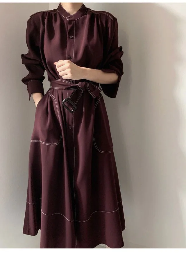 REALEFT Spring Autumn Single Breasted Women's Shirt Dresses Sashes 2024 New Stand Collar Korean Casual Straight Dress Female