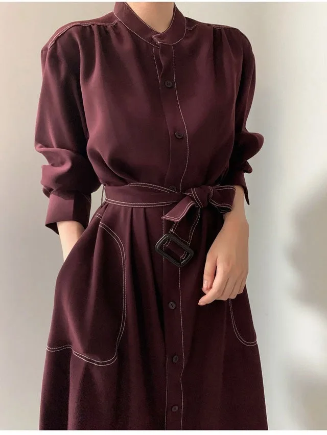REALEFT Spring Autumn Single Breasted Women's Shirt Dresses Sashes 2024 New Stand Collar Korean Casual Straight Dress Female