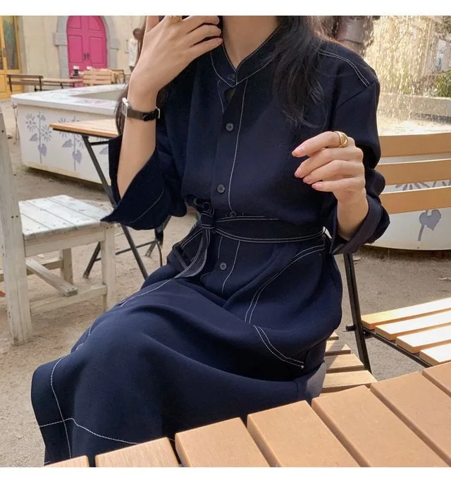 REALEFT Spring Autumn Single Breasted Women's Shirt Dresses Sashes 2024 New Stand Collar Korean Casual Straight Dress Female