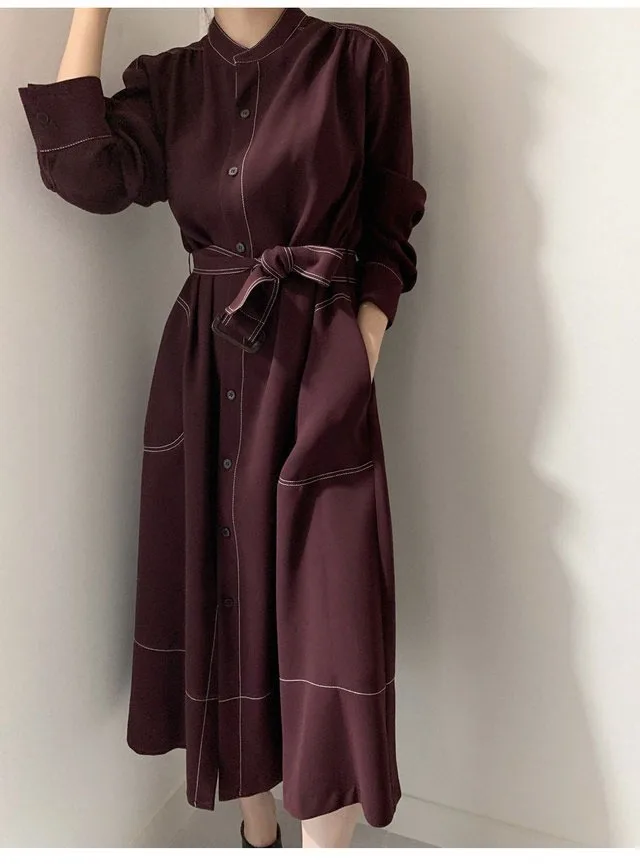 REALEFT Spring Autumn Single Breasted Women's Shirt Dresses Sashes 2024 New Stand Collar Korean Casual Straight Dress Female