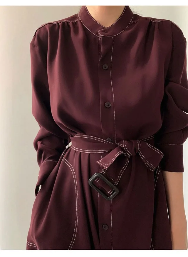 REALEFT Spring Autumn Single Breasted Women's Shirt Dresses Sashes 2024 New Stand Collar Korean Casual Straight Dress Female