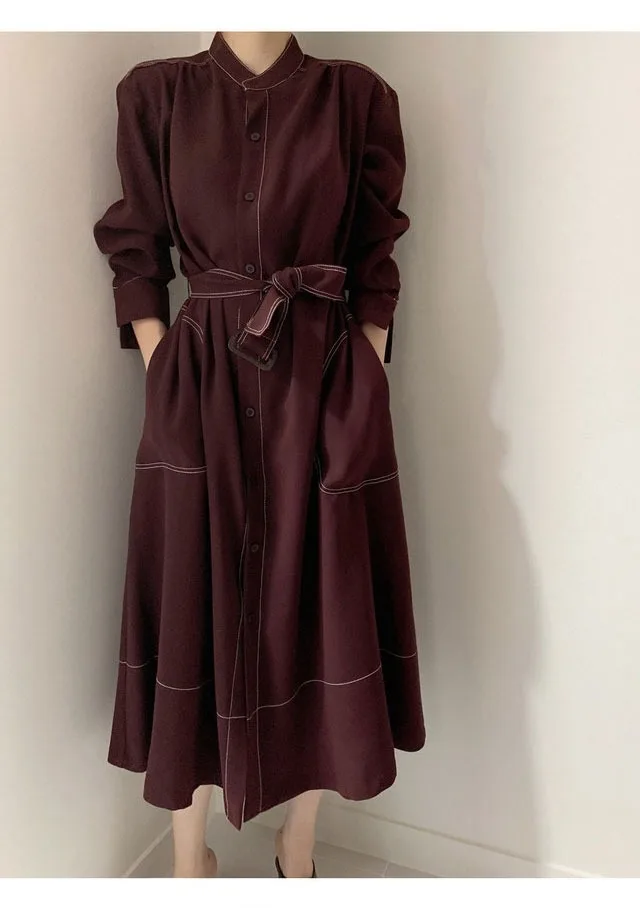 REALEFT Spring Autumn Single Breasted Women's Shirt Dresses Sashes 2024 New Stand Collar Korean Casual Straight Dress Female