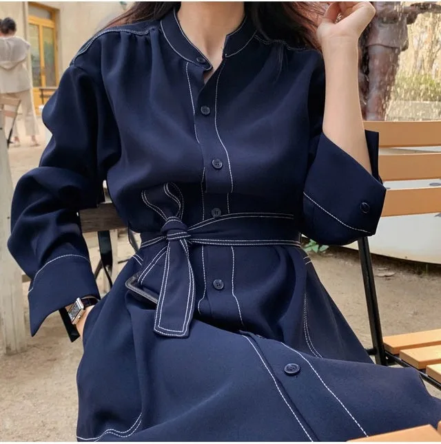 REALEFT Spring Autumn Single Breasted Women's Shirt Dresses Sashes 2024 New Stand Collar Korean Casual Straight Dress Female