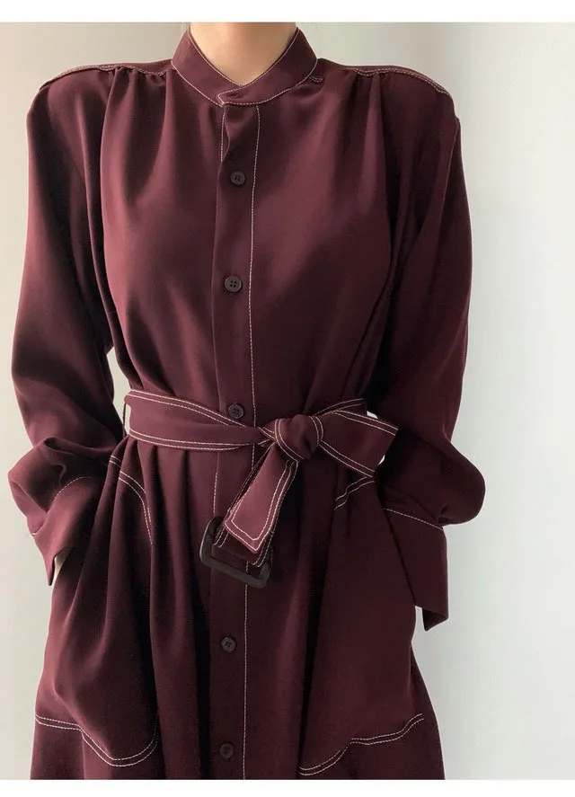 REALEFT Spring Autumn Single Breasted Women's Shirt Dresses Sashes 2024 New Stand Collar Korean Casual Straight Dress Female