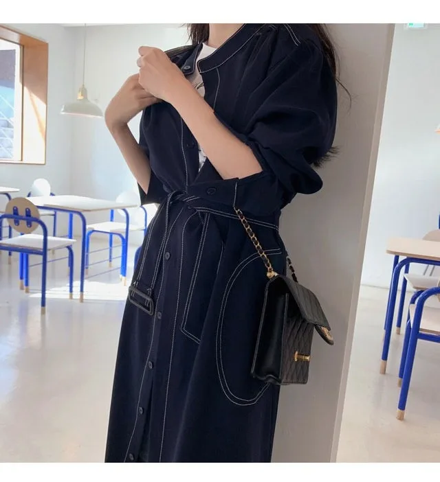 REALEFT Spring Autumn Single Breasted Women's Shirt Dresses Sashes 2024 New Stand Collar Korean Casual Straight Dress Female