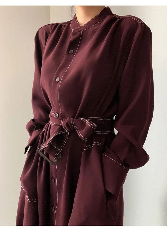 REALEFT Spring Autumn Single Breasted Women's Shirt Dresses Sashes 2024 New Stand Collar Korean Casual Straight Dress Female