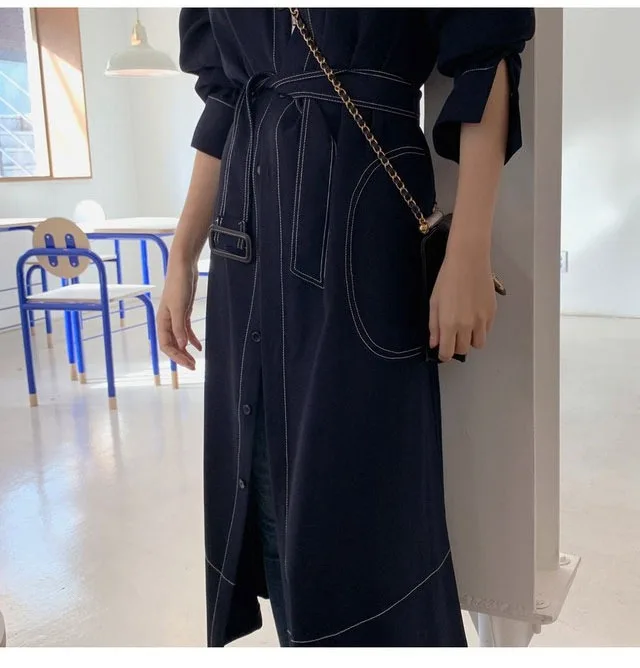 REALEFT Spring Autumn Single Breasted Women's Shirt Dresses Sashes 2024 New Stand Collar Korean Casual Straight Dress Female