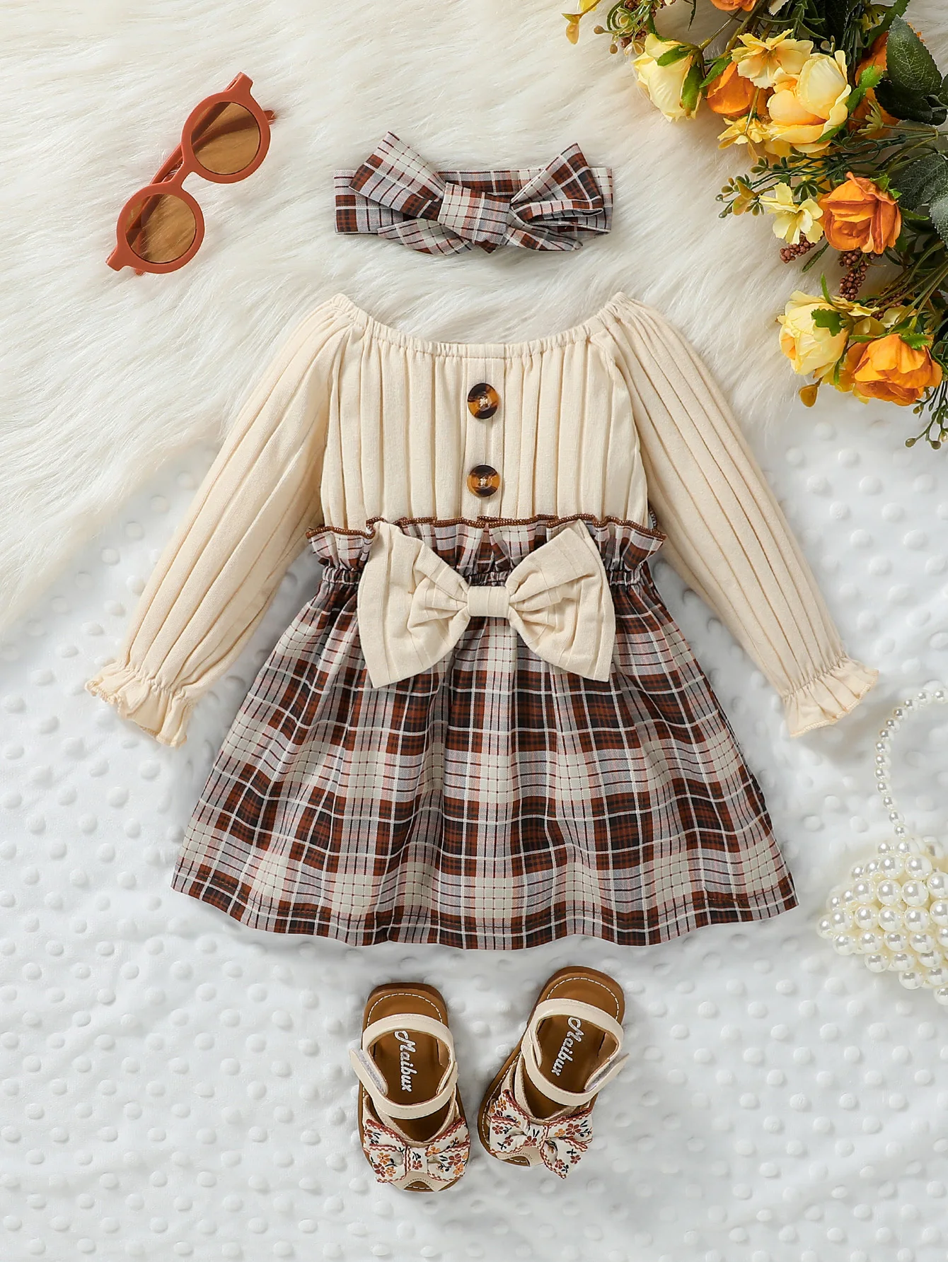 2024 New Baby Girls Autumn Long Sleeve With Bow Plaid Fahion Cute Dress