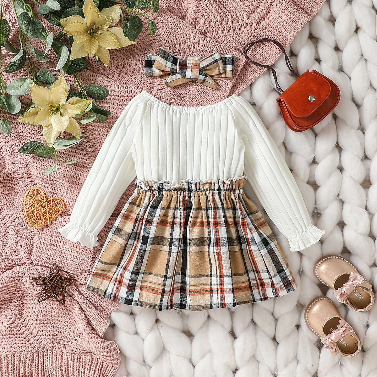 2024 New Baby Girls Autumn Long Sleeve With Bow Plaid Fahion Cute Dress
