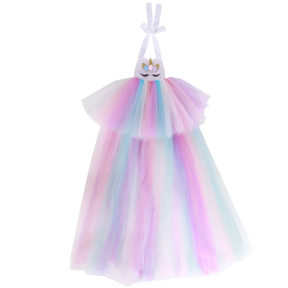 Kids Long Tail Unicorn Dress with LED Lights Girls Birthday Party Dress Princess Carnival Costume Hairband Pastel Rainbow Gown