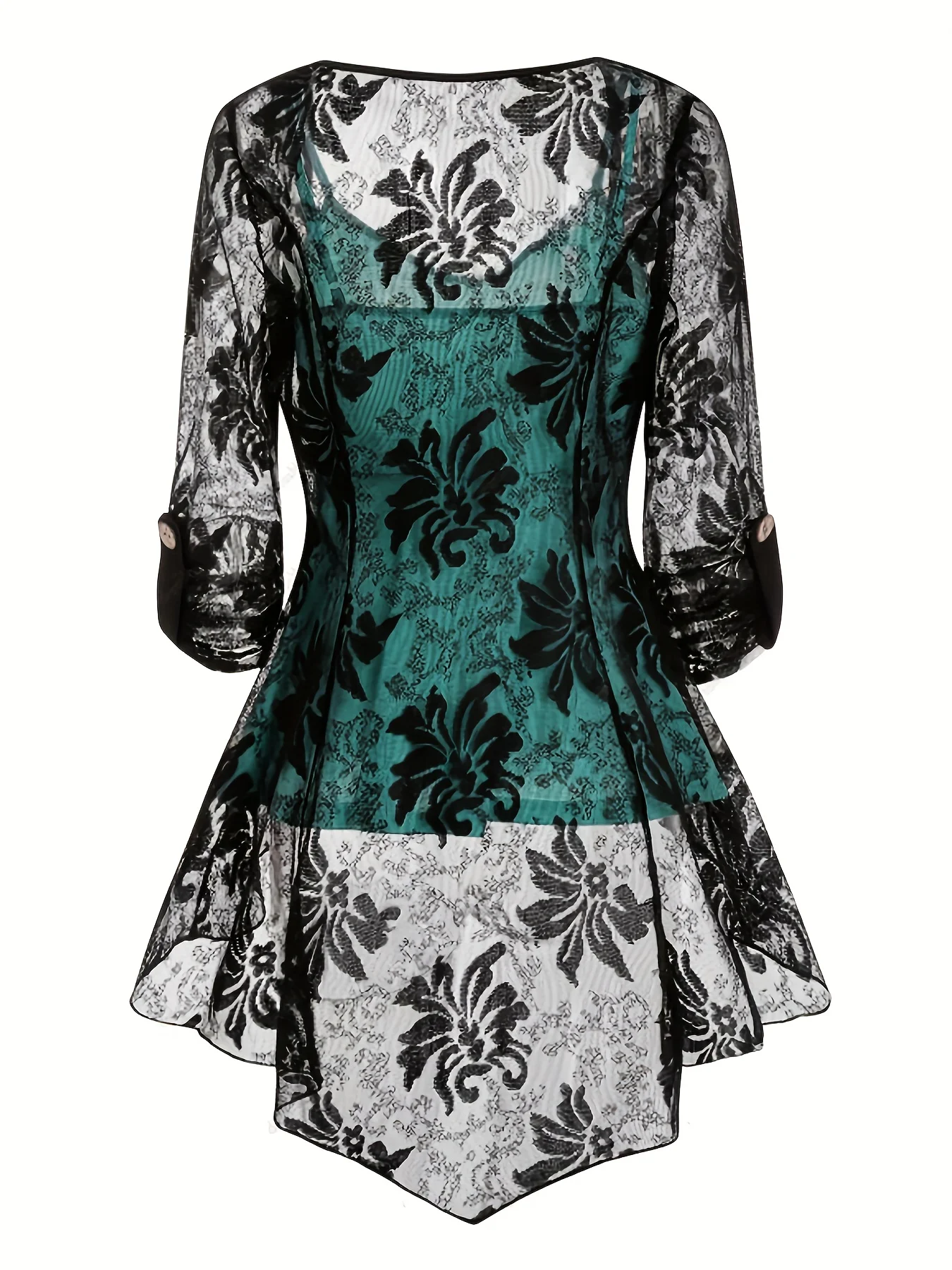 Plus Size Ladies Elegant Black-And-Green Button Beautiful Oversize Hot Spring Button Lace Overhang Pants Three-Piece Suit