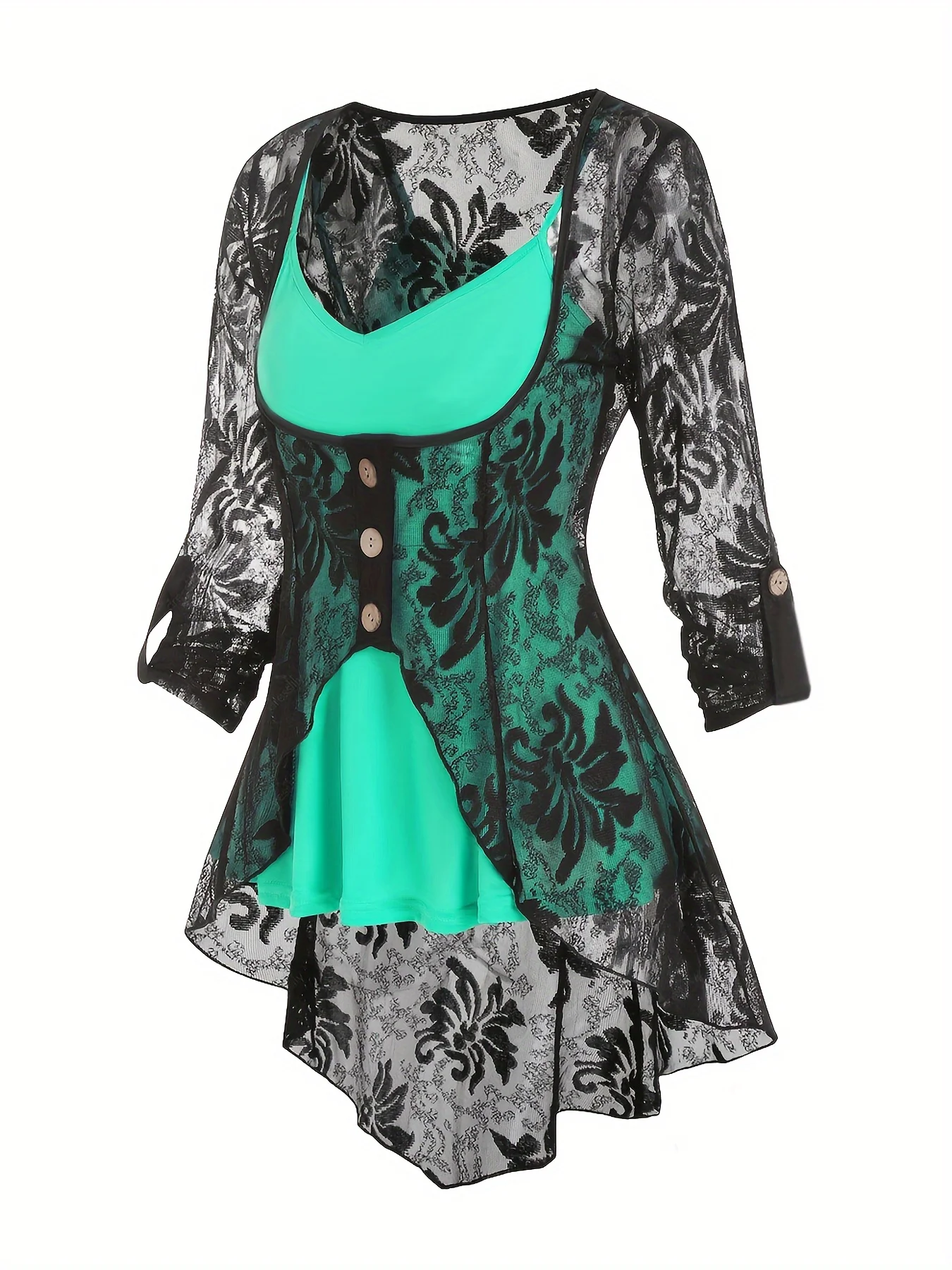 Plus Size Ladies Elegant Black-And-Green Button Beautiful Oversize Hot Spring Button Lace Overhang Pants Three-Piece Suit