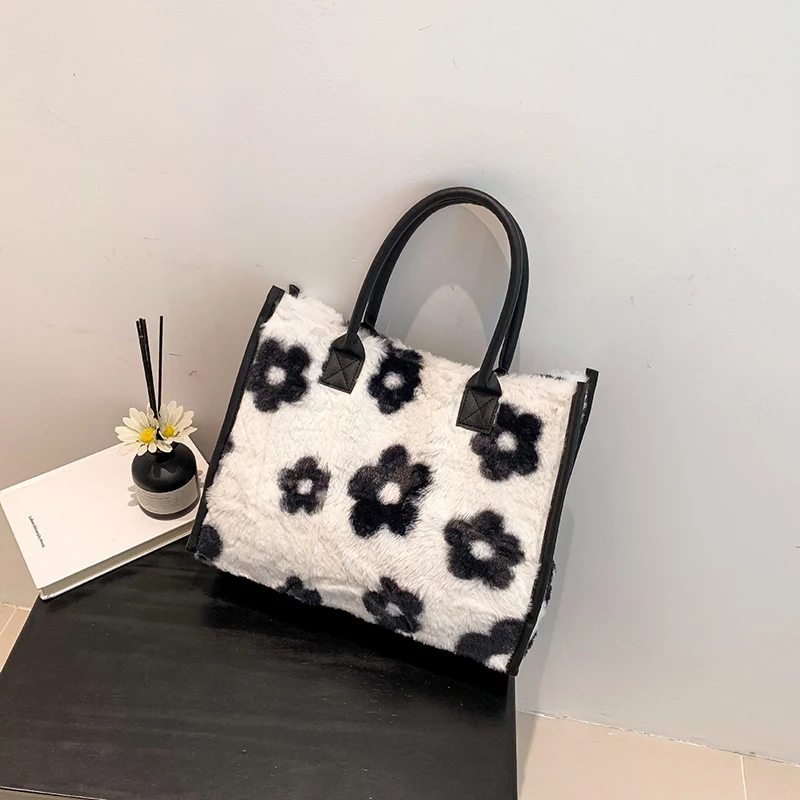 Women's Faux Fur Cow Print Designer Shopper Totes Soft Plush Female Shoulder Bags Winter Large Capacity Handbags and Purse