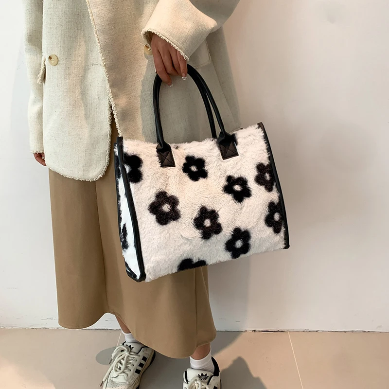 Women's Faux Fur Cow Print Designer Shopper Totes Soft Plush Female Shoulder Bags Winter Large Capacity Handbags and Purse